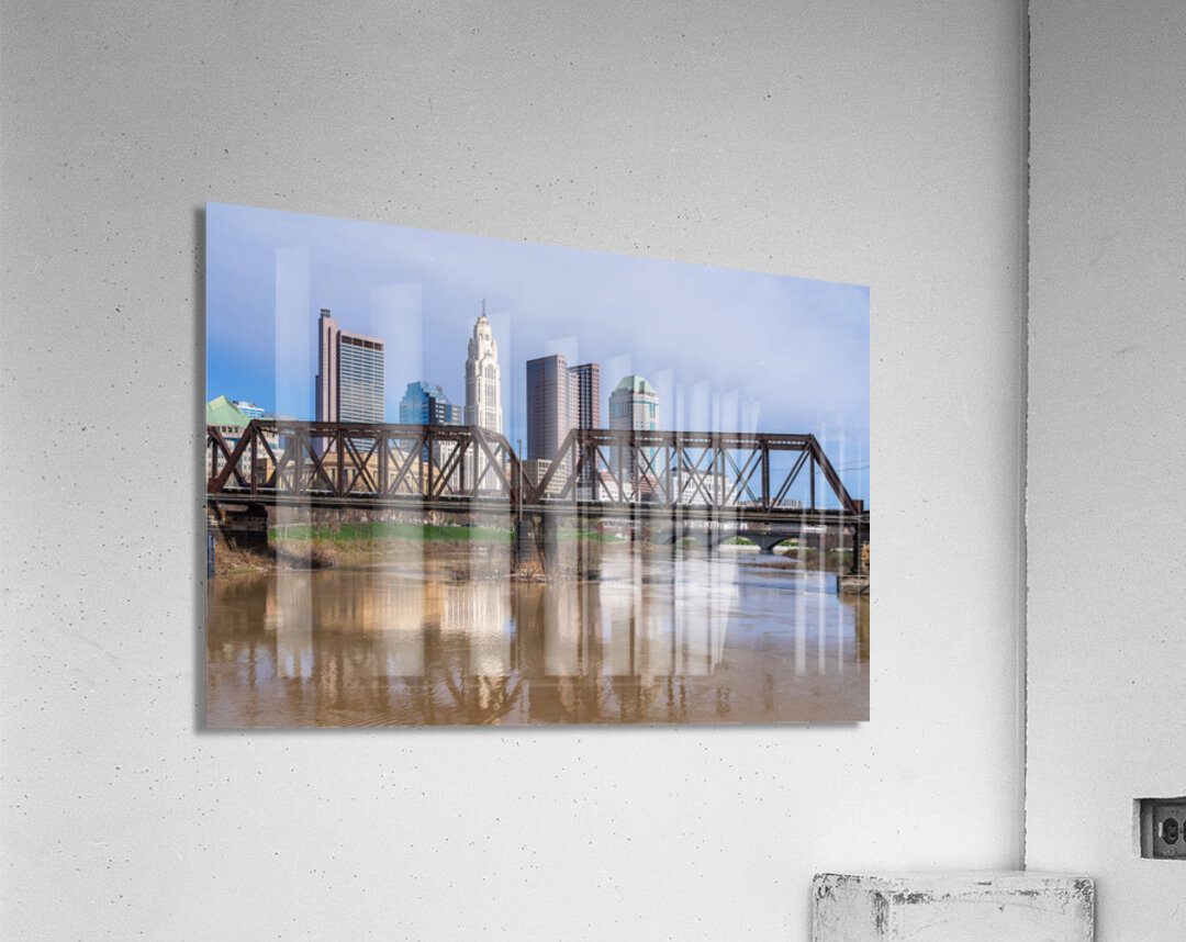 Columbus Ohio waterfront skyline behind railroad truss bridge Acrylic Print