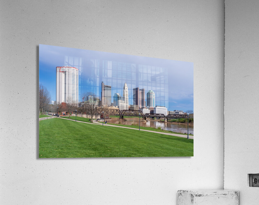 Columbus Ohio waterfront skyline behind railroad truss bridge Acrylic Print