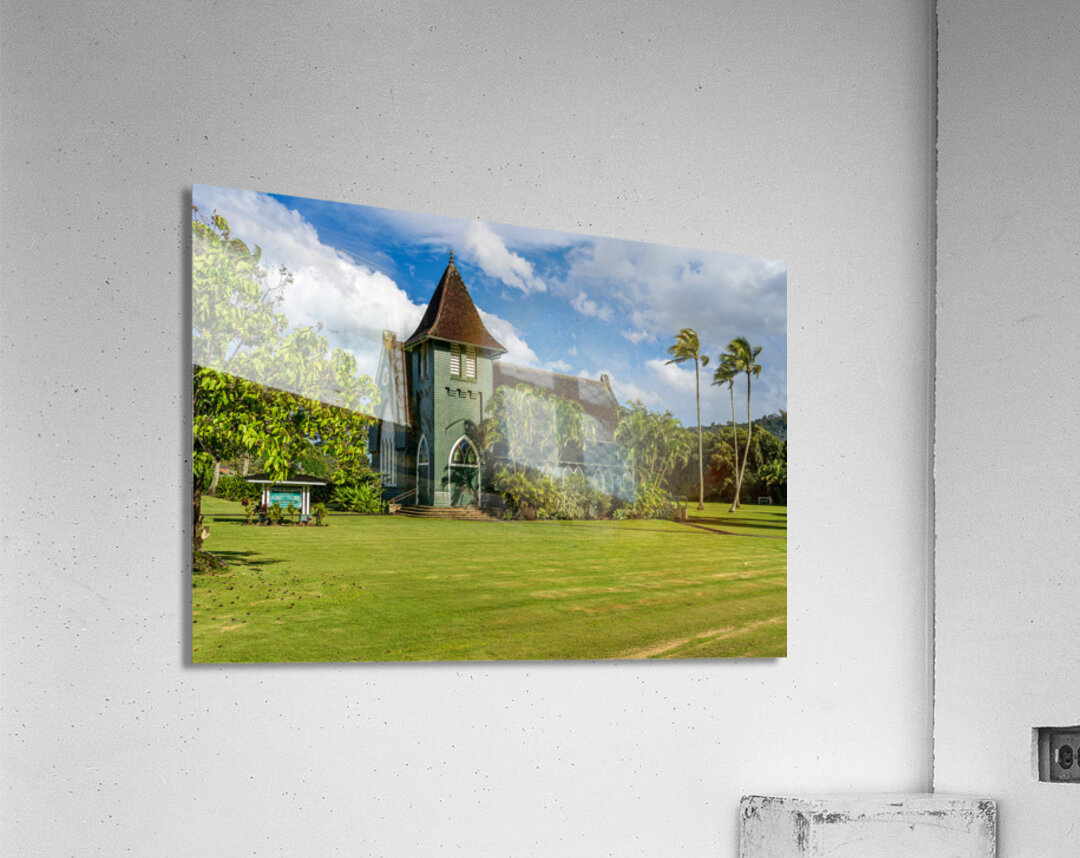 Waioli Huiia Church stands in Hanalei Kauai with the majestic  Impression acrylique