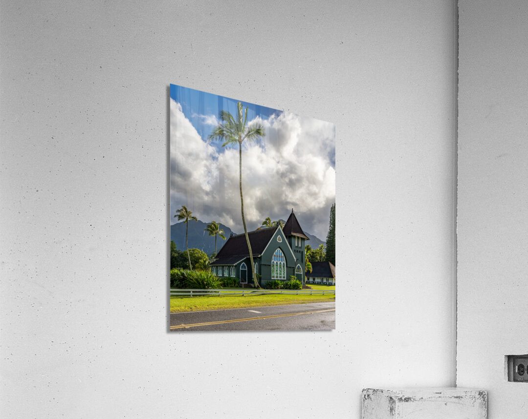 Waioli Huiia Church stands in Hanalei Kauai with waterfalls in Acrylic Print