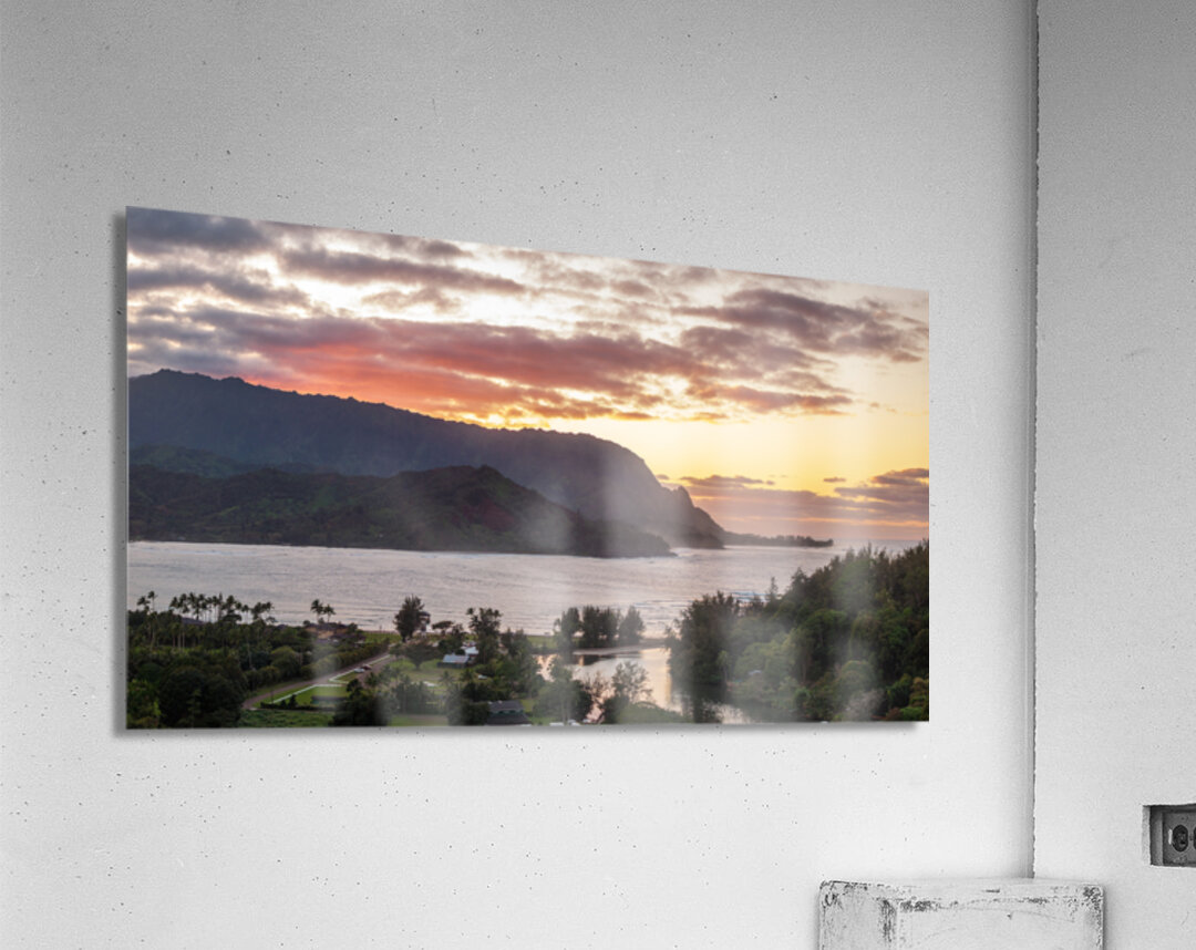 Dramatic aerial view of sunset over Hanalei Bay landscape Impression acrylique