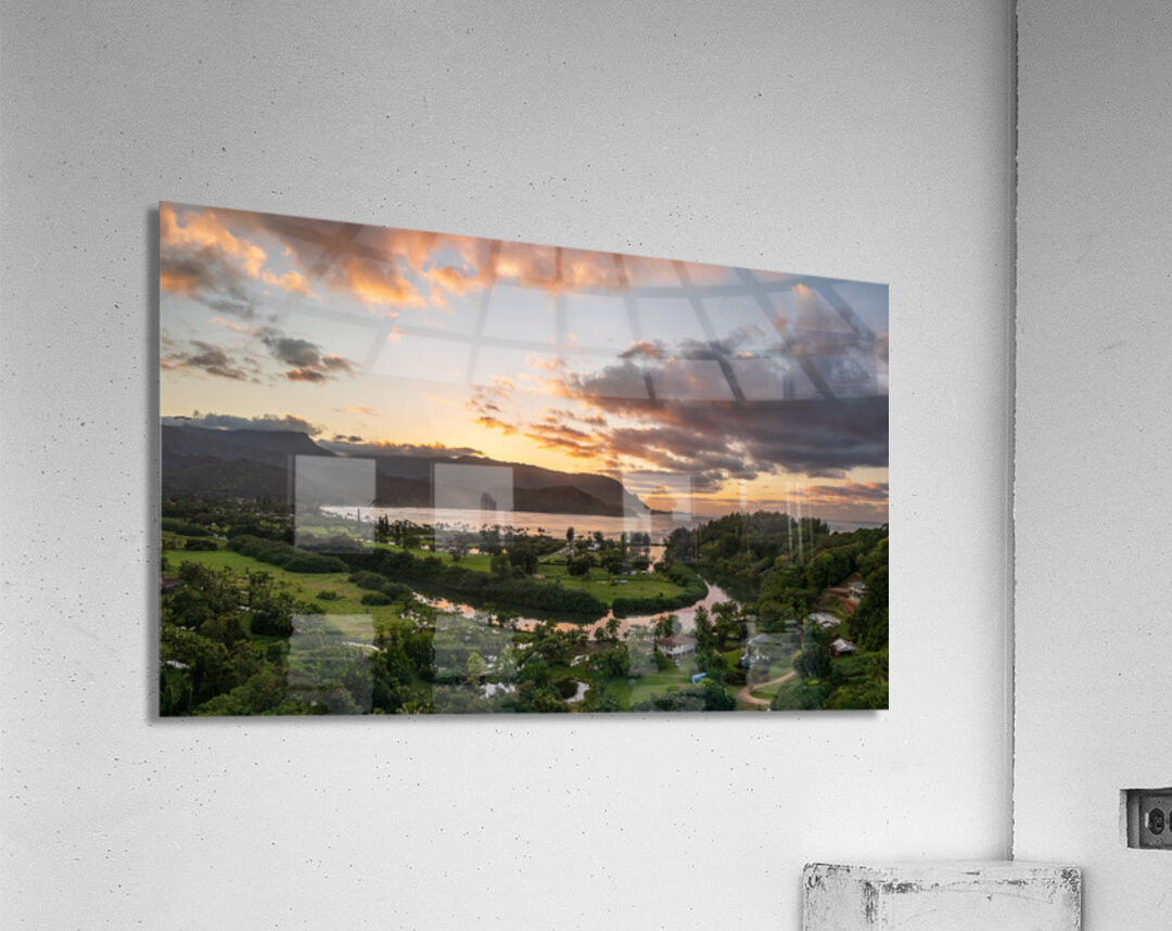 Panorama view of sunset over Hanalei Bay Kauai Impression acrylique