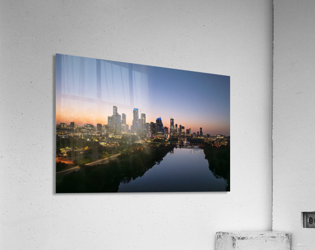 Orange skies behind skyline of Austin Texas as sun starts to ris Impression acrylique