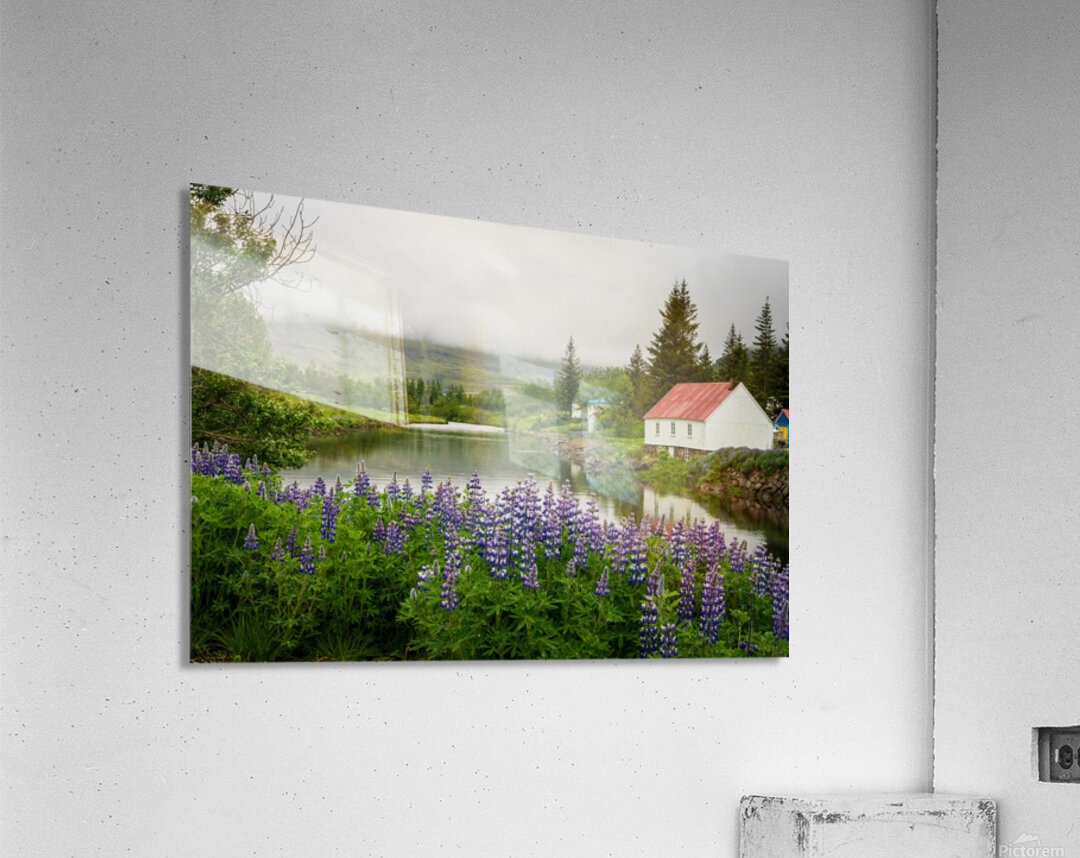 Peaceful scene in Seydisfjordur of river flowing from misty moun Acrylic Print