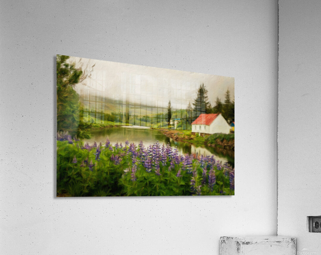 Peaceful scene in Seydisfjordur of river flowing from misty moun Acrylic Print