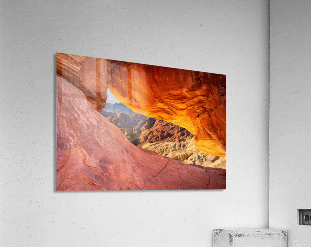 Natural arch on Atlatl Rock with scenic backgound added Acrylic Print