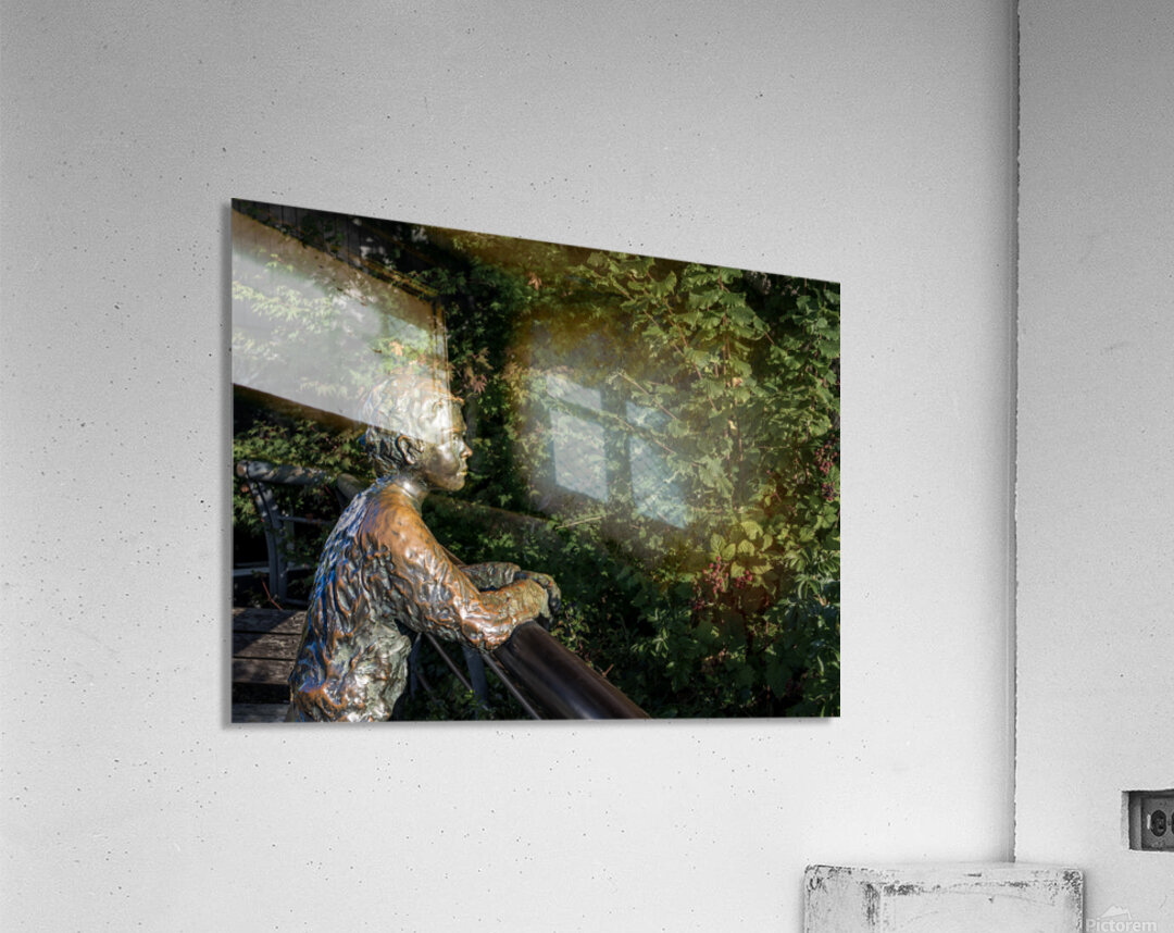 Boy with dog statue in Langley on Whidbey Island Impression acrylique