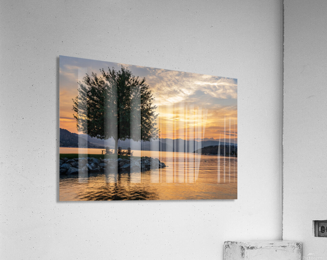 Sunset over Lake Chelan with silhouette of tree and chairs for r Acrylic Print