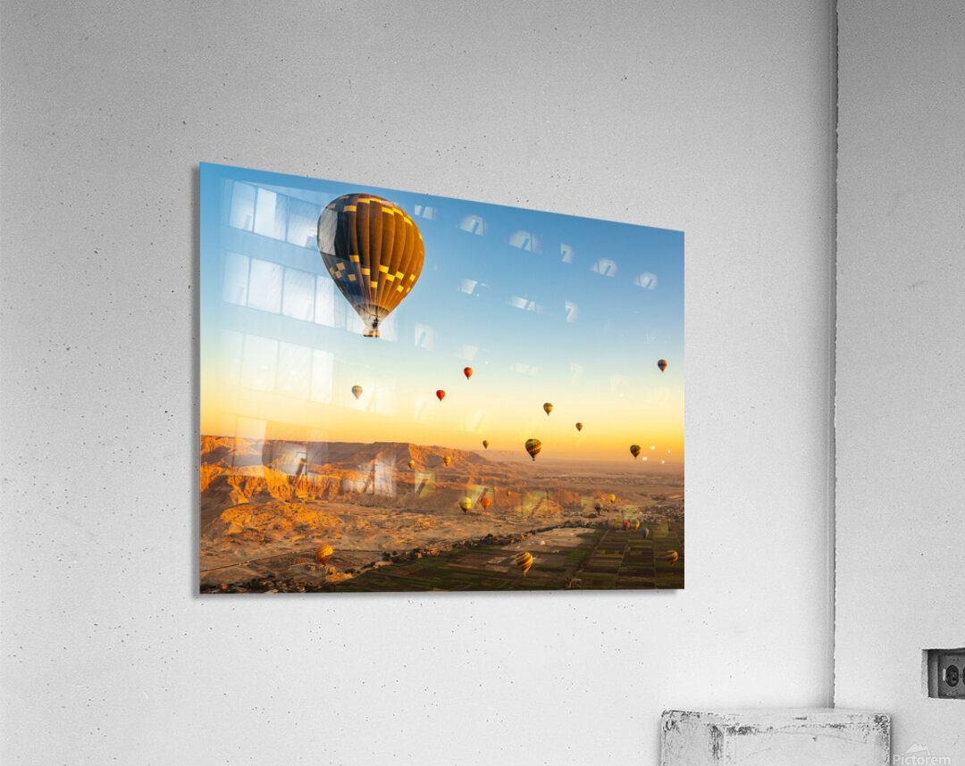 Hot air balloons in sunrise flight over Valley of the Kings in L Acrylic Print