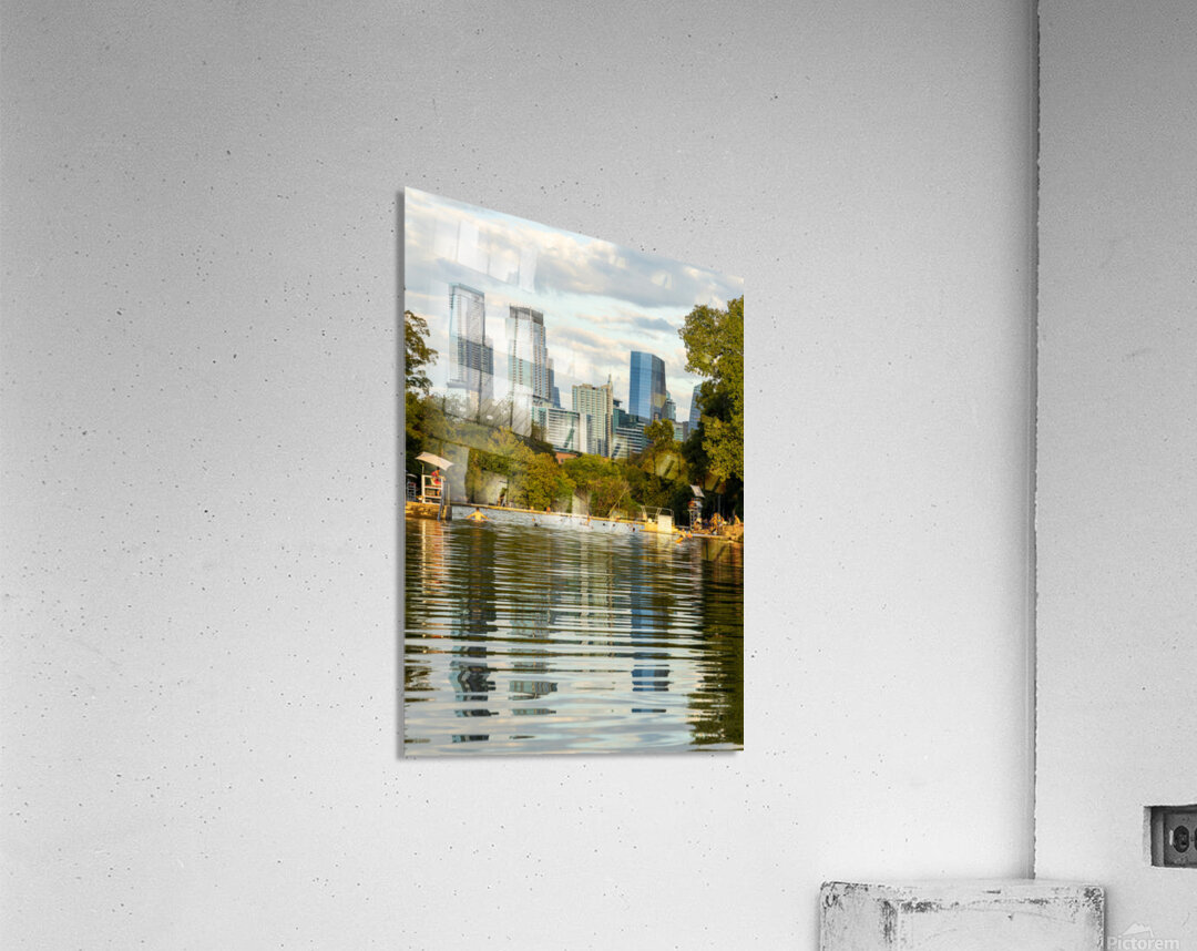 View of the Austin skyline at sunset over Barton Springs swimmin Acrylic Print