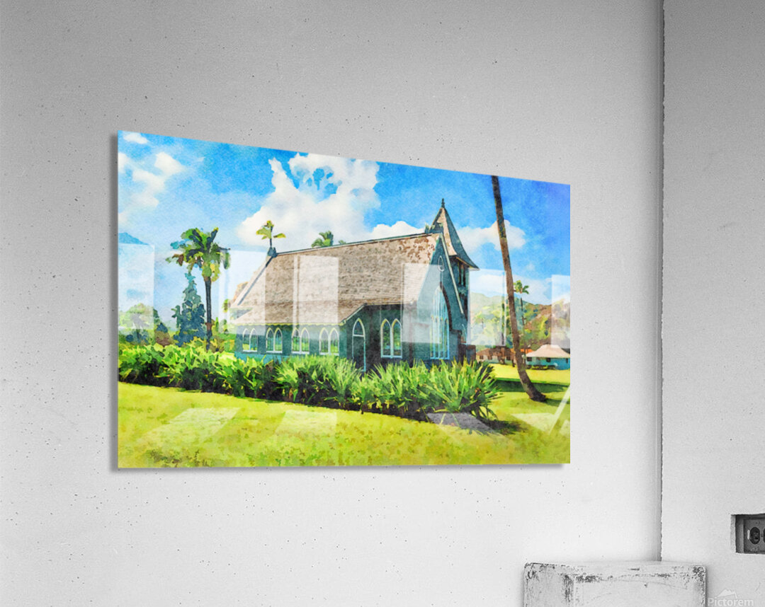 Watercolor painting of Mission or Green Church in Hanalei Kauai Impression acrylique