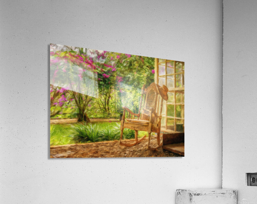 Oil painting of vintage wooden rocking chair with a straw hat re Acrylic Print