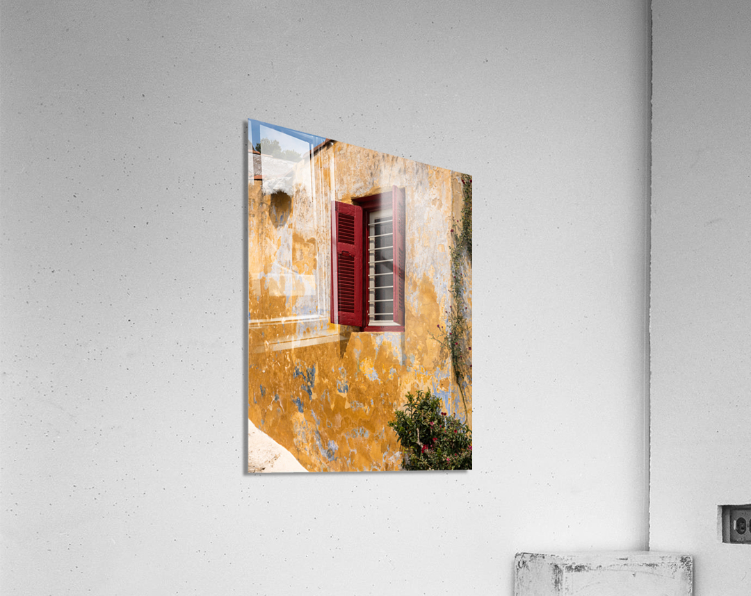 Red shutters on window in Anafiotika in Athens Acrylic Print
