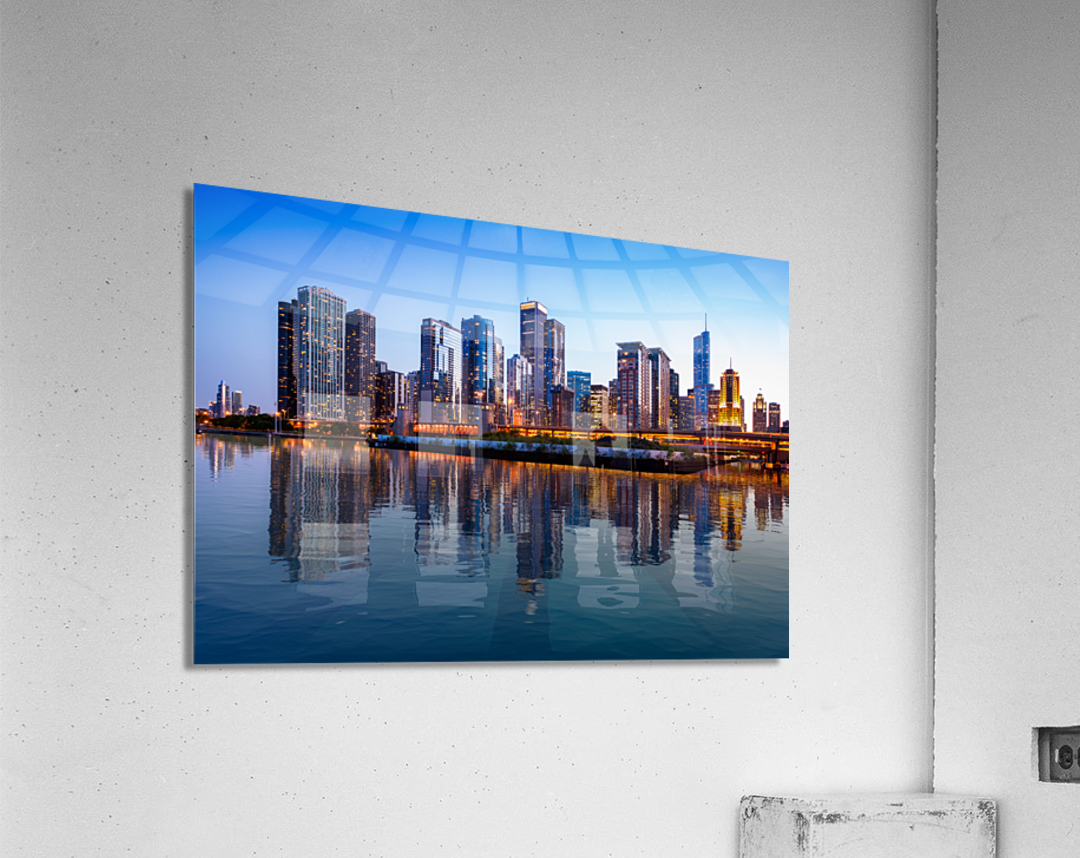 Calm water reflects Chicago Skyline at sunset from Navy Pier Acrylic Print