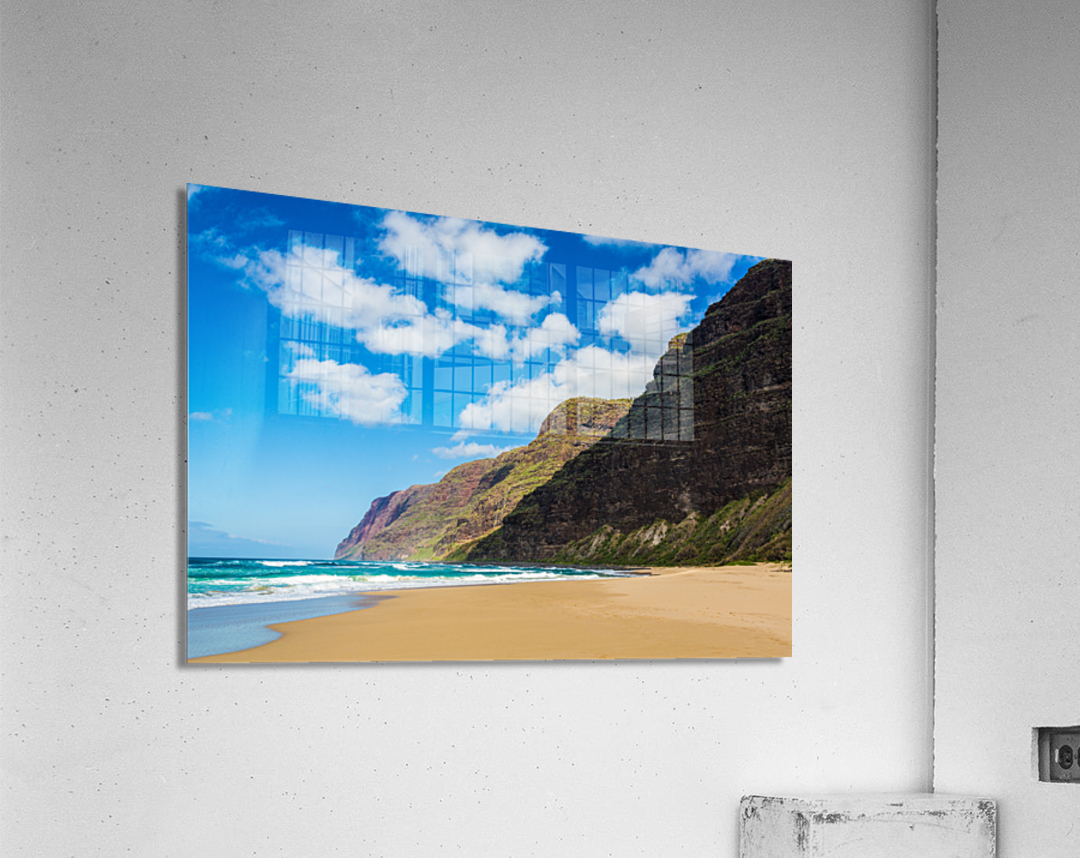 Empty sand and cliffs Polihale beach Acrylic Print