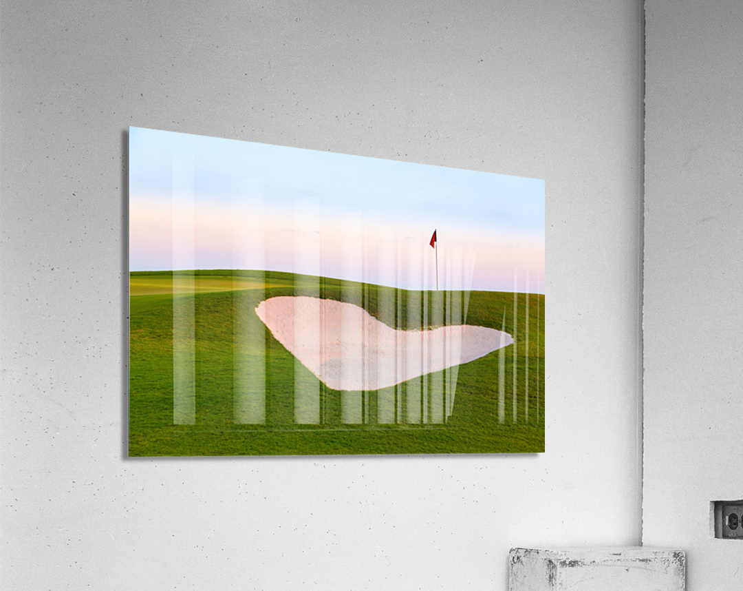 Heart shaped sand bunker in front of golf green Acrylic Print