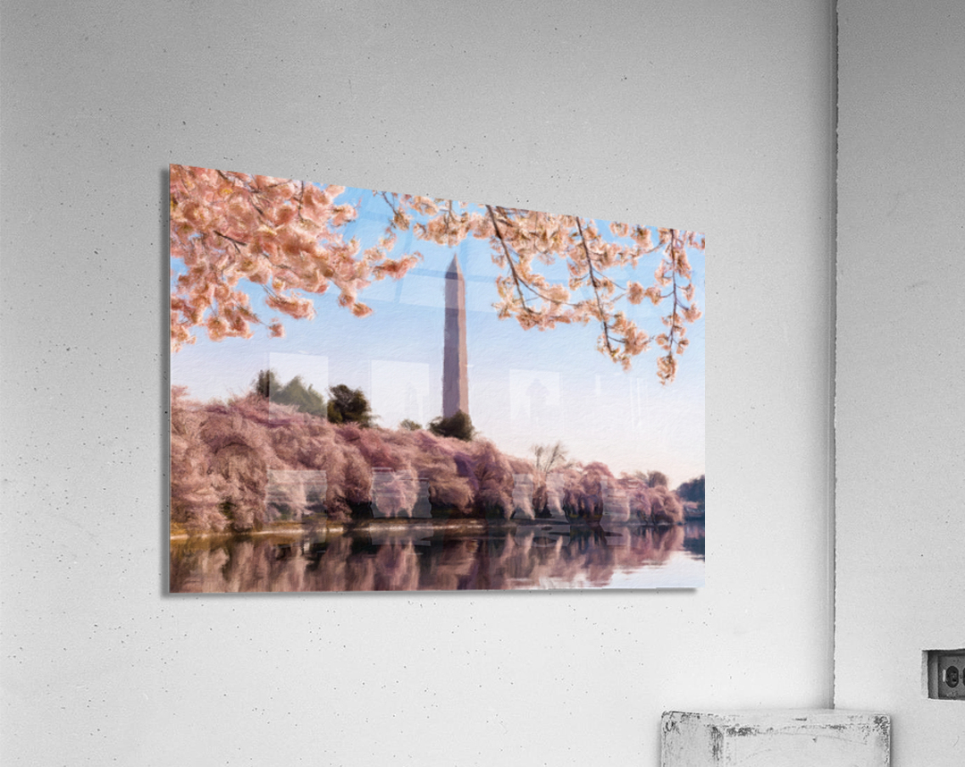 Digital art of the Washington Monument towering above blossoms Acrylic Print