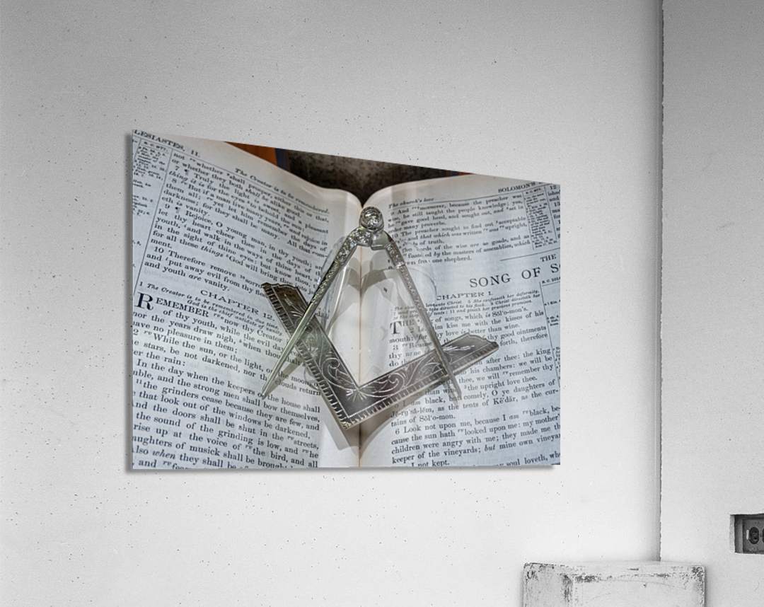 Silver square and compass on Bible for Freemasons Acrylic Print