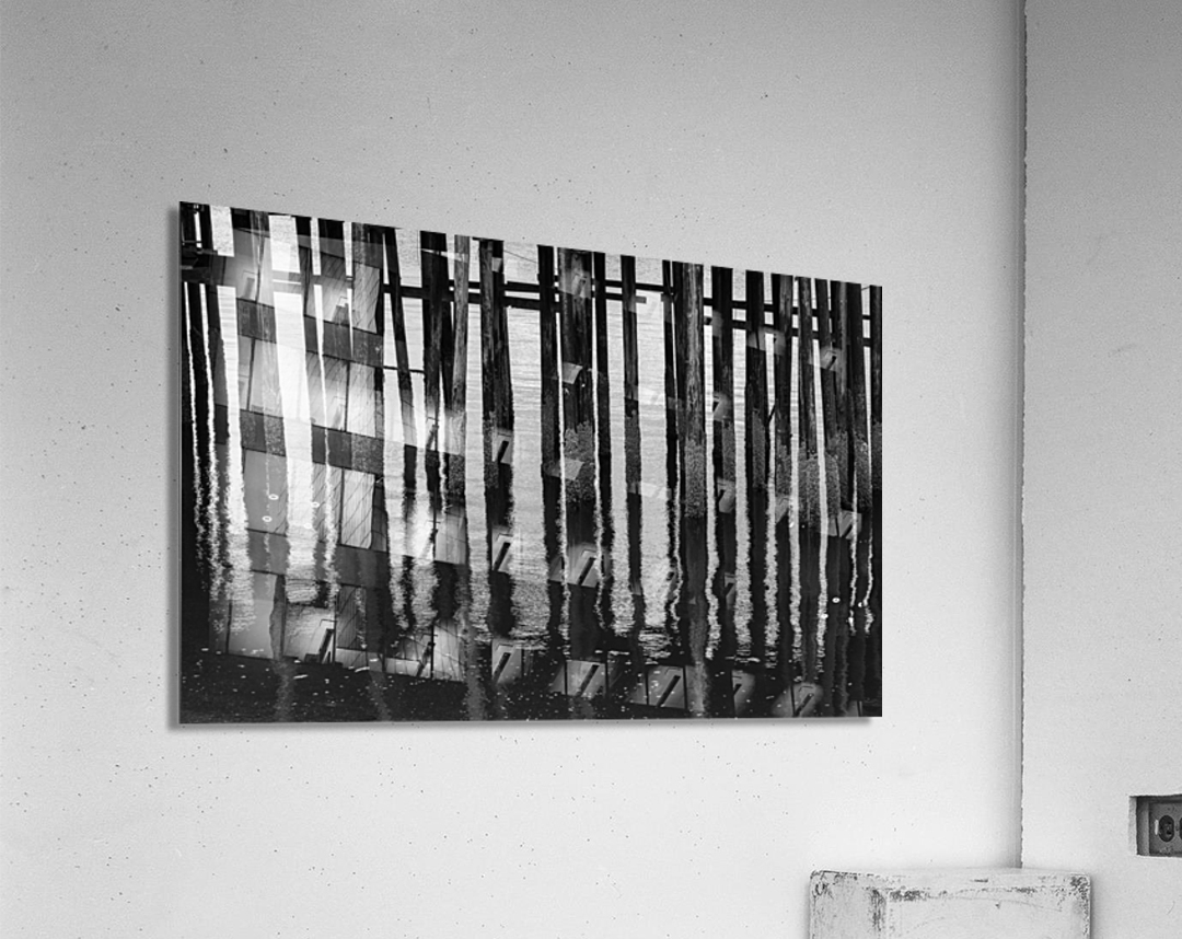 Black and whited wooden pier structure at Icy Strait Point Acrylic Print