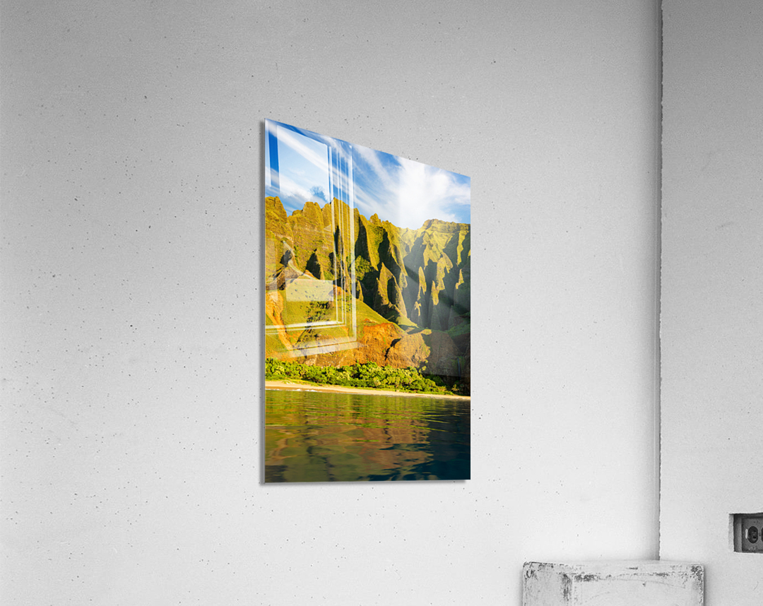 Vertical Na Pali coastline taken from Kauai cruise Impression acrylique