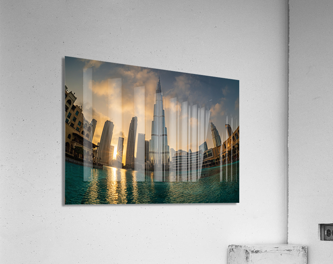 Sunset over the Burj Al Khalifa in Dubai downtown district Acrylic Print
