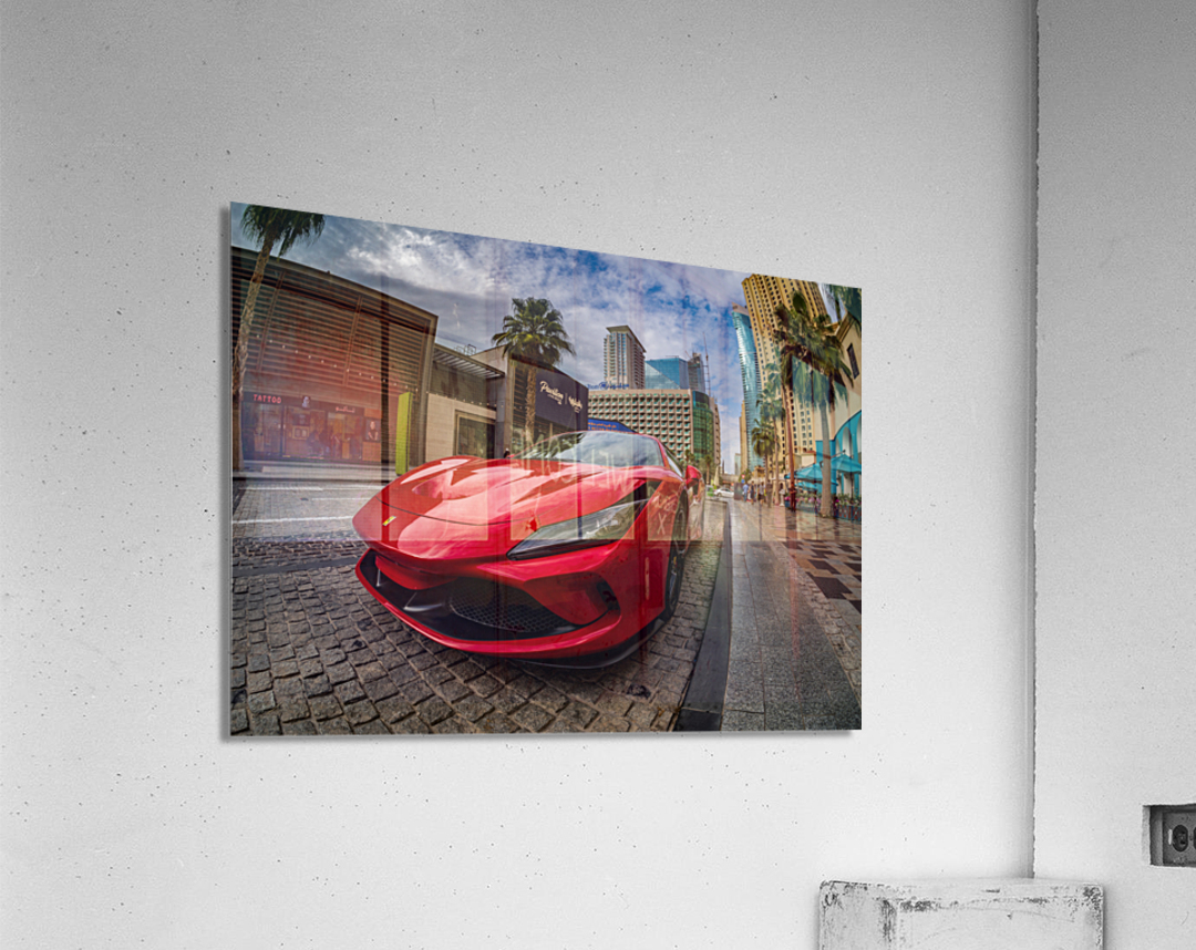 Red Ferrari parked in JBR Beach area of Dubai for rental Acrylic Print