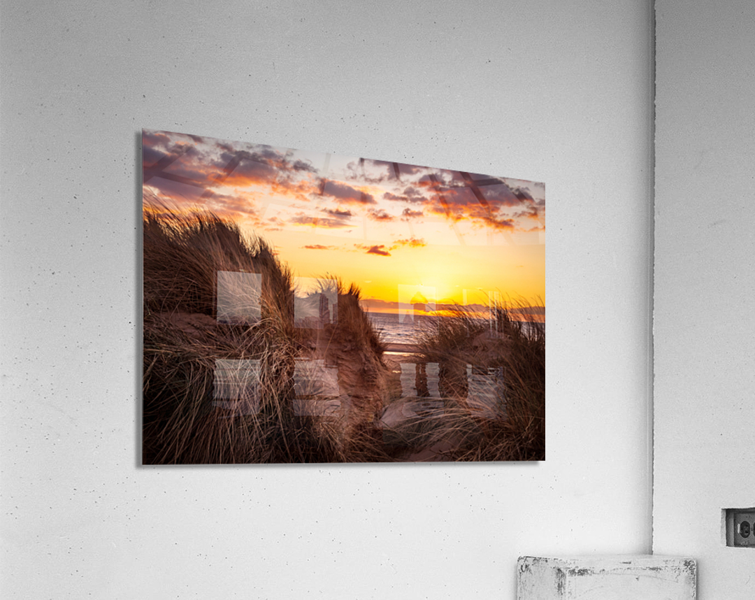Sunset over Formby Beach through sand dunes Acrylic Print