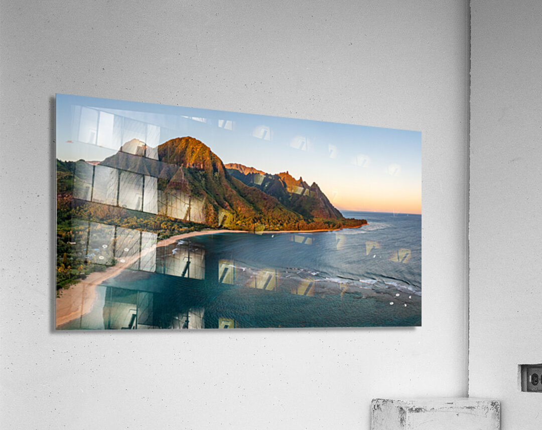 Aerial drone shot of Tunnels Beach at sunrise on Kauai in Hawaii Acrylic Print