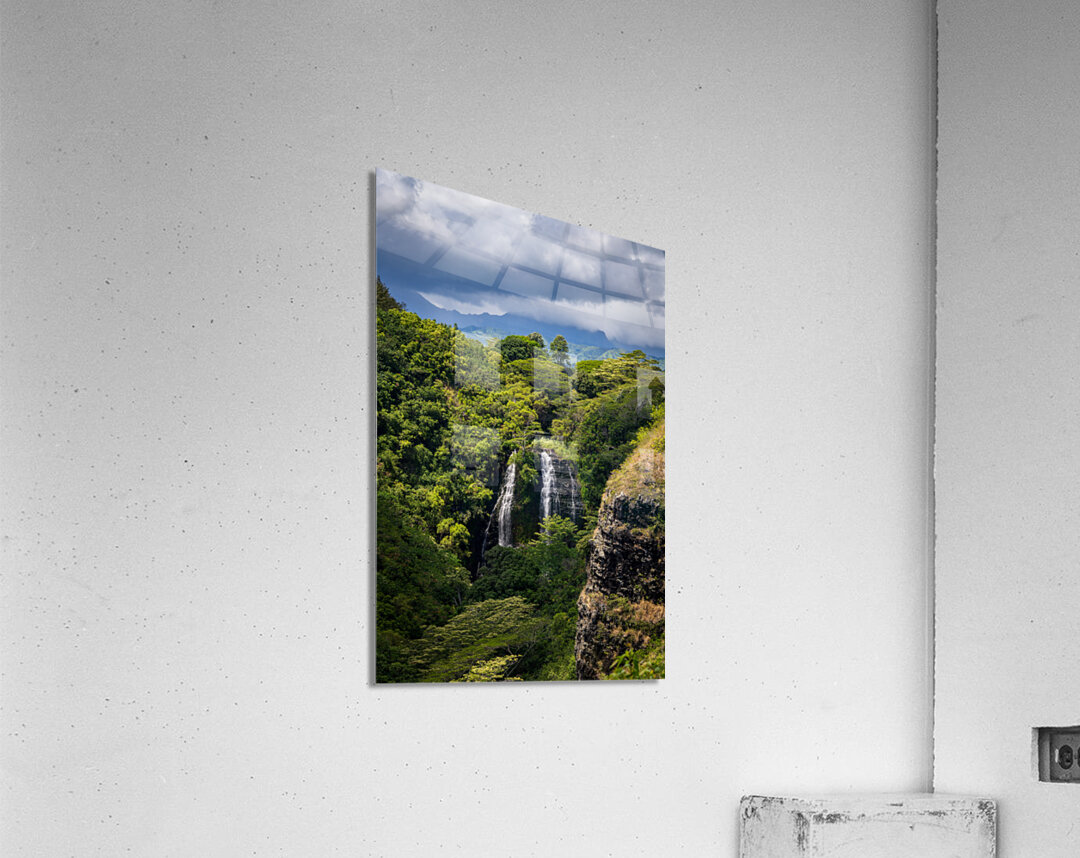 Opaekaa Falls sunlit as dark storm clouds gather over the hills Acrylic Print