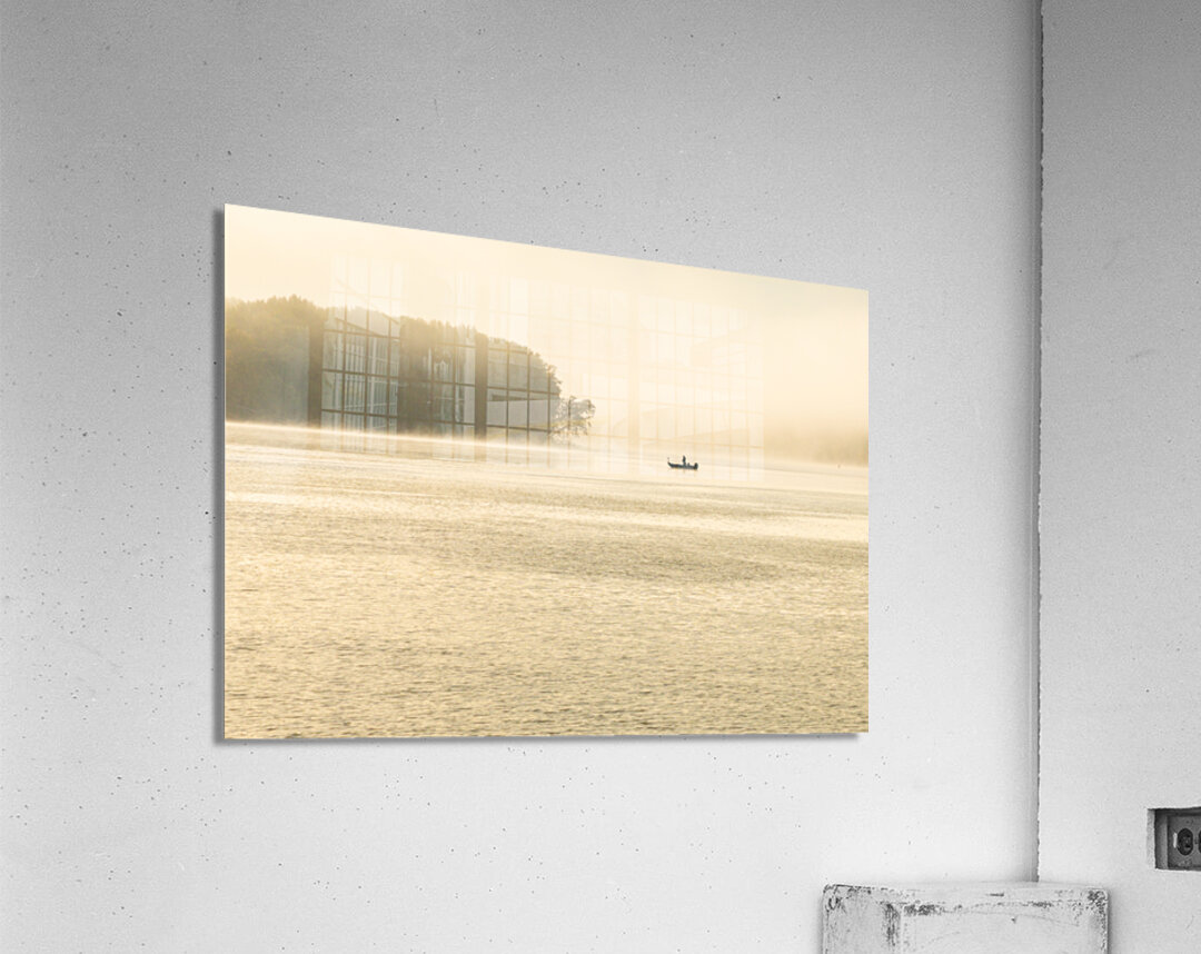 Fisherman fishing in Mississippi river on misty autumn morning Acrylic Print