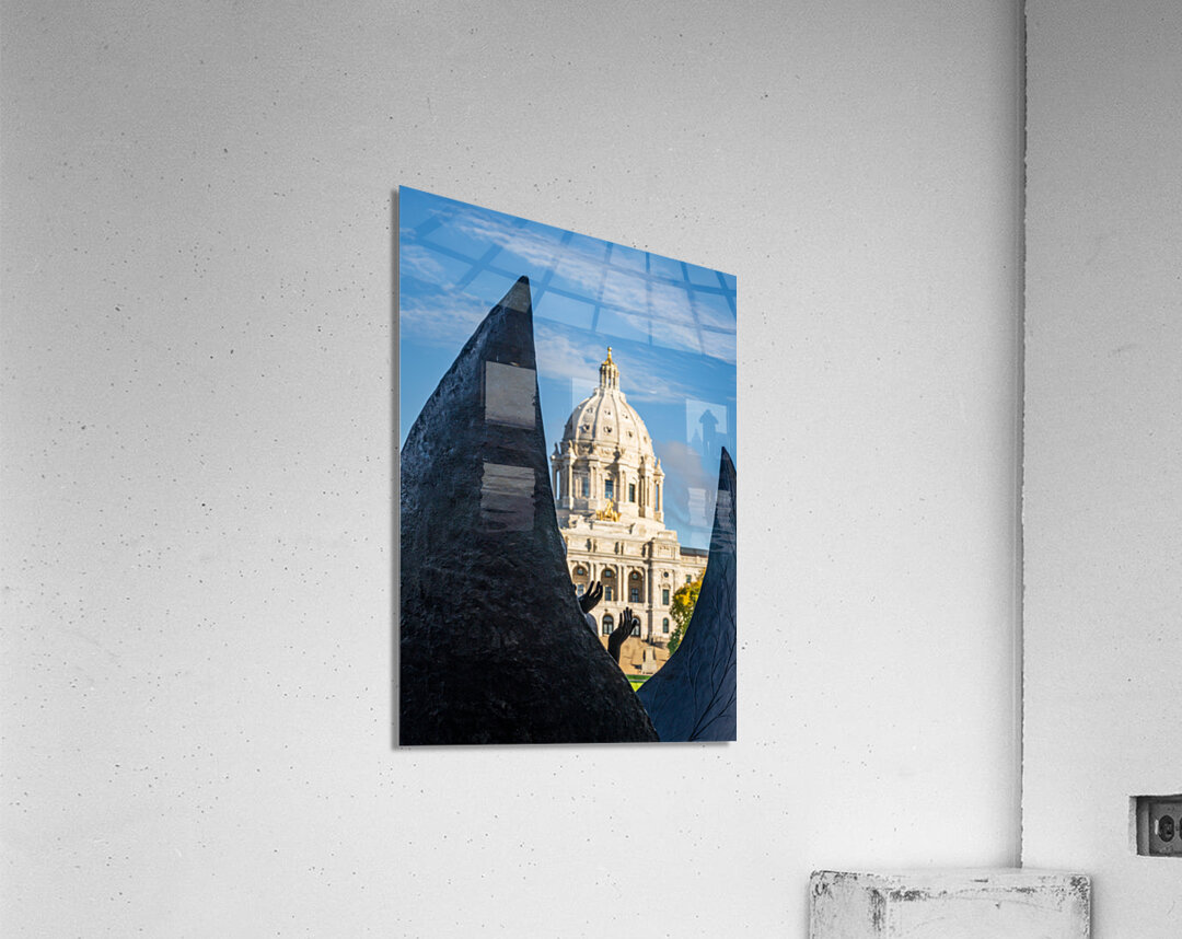 Facade of the State Capitol building in St Paul behind hands Acrylic Print