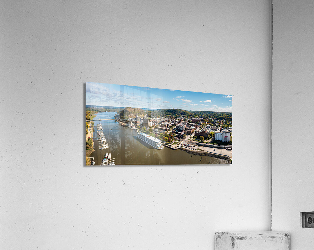 Aerial view of Red Wing Minnesota with river cruise boat Acrylic Print