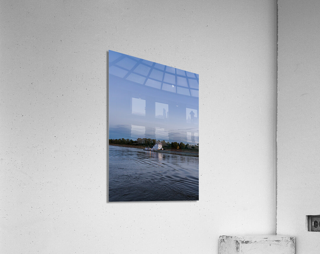 Freight barges on Mississippi river at dusk with moon Acrylic Print