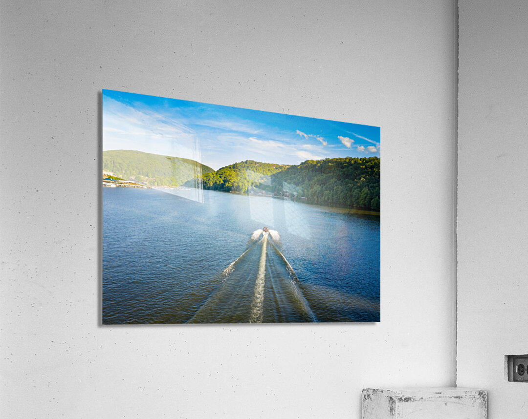 Speedboat on Cheat Lake on a summer evening with boats docked in Acrylic Print