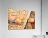 Freshly laid organic eggs on wooden bench  Impression acrylique