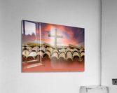 Wooden cross against brilliant sunrise at mission in California  Acrylic Print