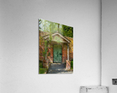 Painted green door and porch in walled garden wall  Impression acrylique