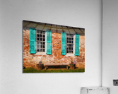 Painting of blue shutters against a white painted brick wall in   Acrylic Print