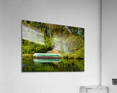 Green canoe on dock reflecting into calm lake or pond in garden  Acrylic Print