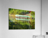 Green canoe on dock reflecting into calm lake or pond in garden  Impression acrylique