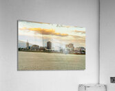 Skyline of Baton Rouge at sunset over river barges  Impression acrylique