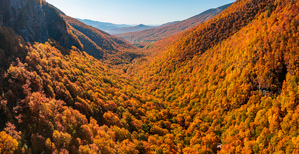 Aerial view of Smugglers Notch with fall trees in Vermont
