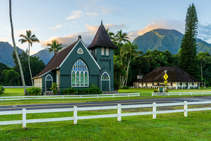 Waioli Huiia Church stands in Hanalei Kauai at sunrise