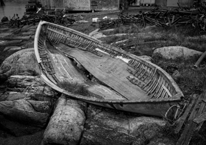 Monochrome abandoned rowing boat in Peggys Cove