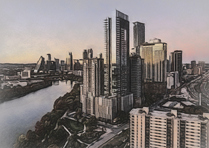 Charcoal sketch aerial Austin downtown skyline