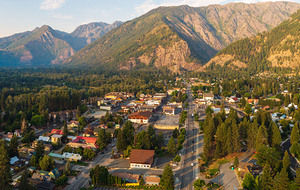 Aerial view of Leavenworth the Bavarian Alpine village in Casca