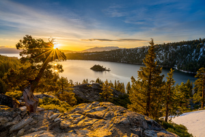 Sunrise over Emerald Bay on Lake Tahoe