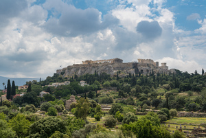 Acropolis hill rises above Greek Agora in Athens