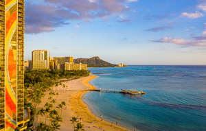 Hilton Hawaiian Village frames the shore in Waikiki Hawaii