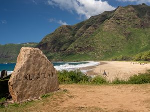 Winter waves crash on the shore at Kulailai beach on Oahu